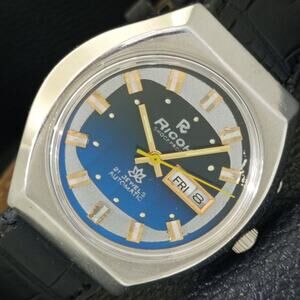 Vintage 1972 Ricoh Automatic Mens Silver Watch W/daydate & Blue accents